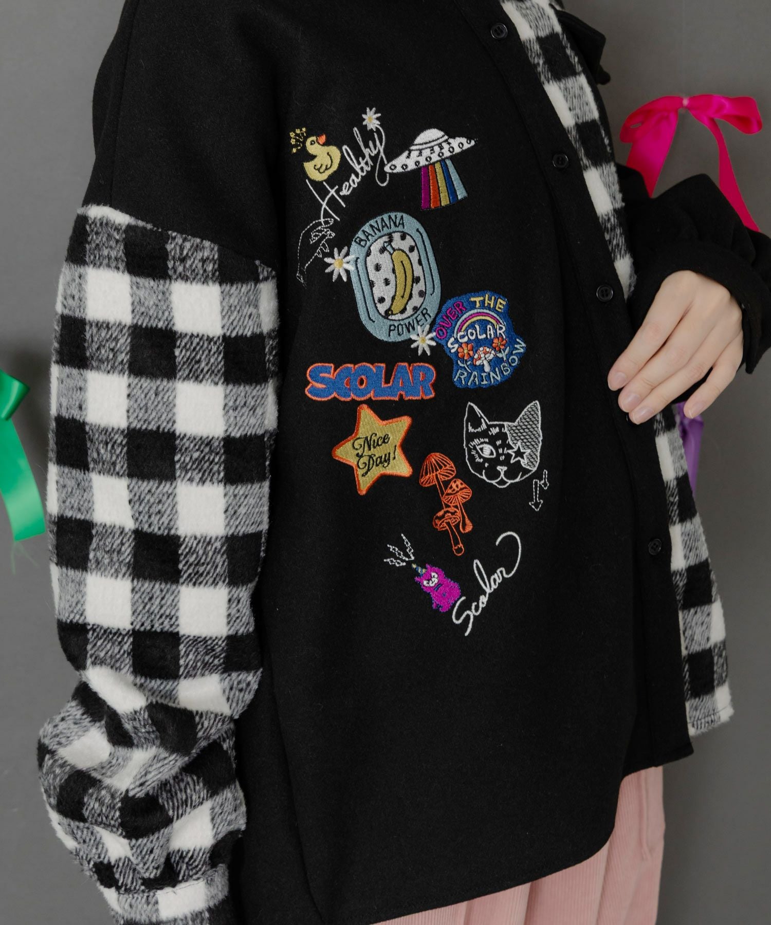 153766：POP刺繍×チェック柄シャツの通販-ScoLar