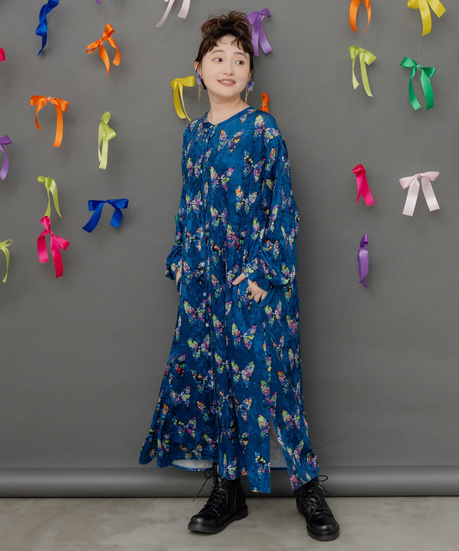 153759：アニマル×蝶柄 前開きクラッシュベロアワンピースの通販-ScoLar