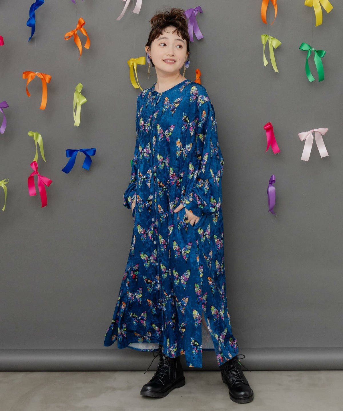 アニマル×蝶柄 前開きクラッシュベロアワンピース-1