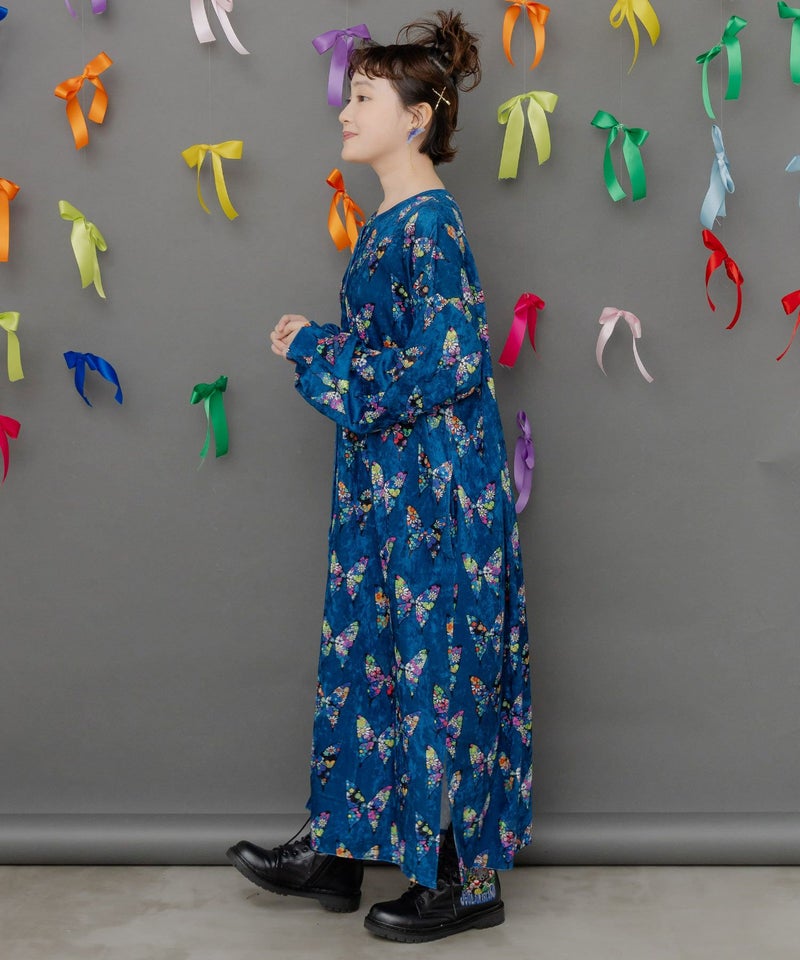 アニマル×蝶柄 前開きクラッシュベロアワンピース-3