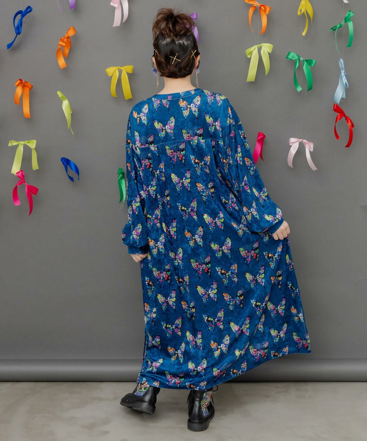 アニマル×蝶柄 前開きクラッシュベロアワンピース-4