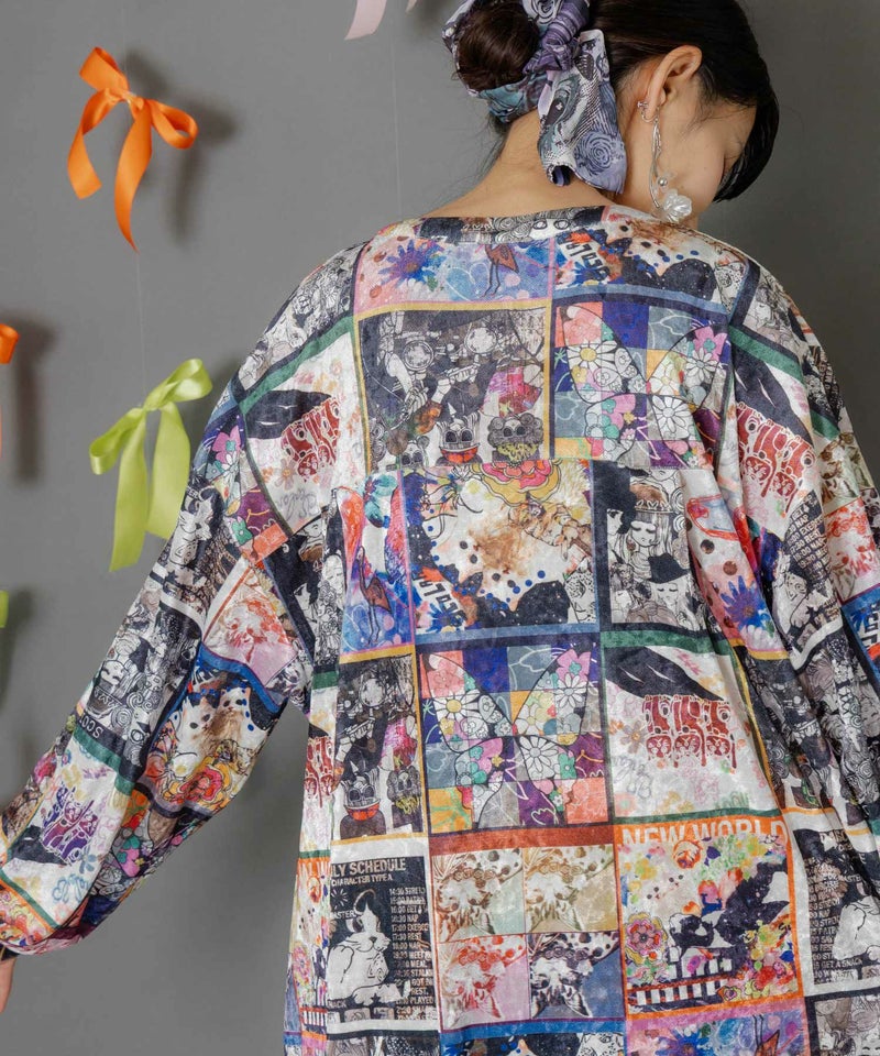 アニマル×蝶柄 前開きクラッシュベロアワンピース-12