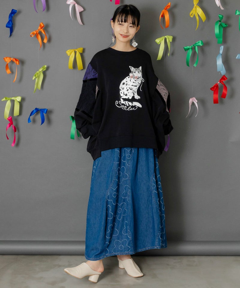 花柄ジャガードデニム×波模様デニムスカート-2