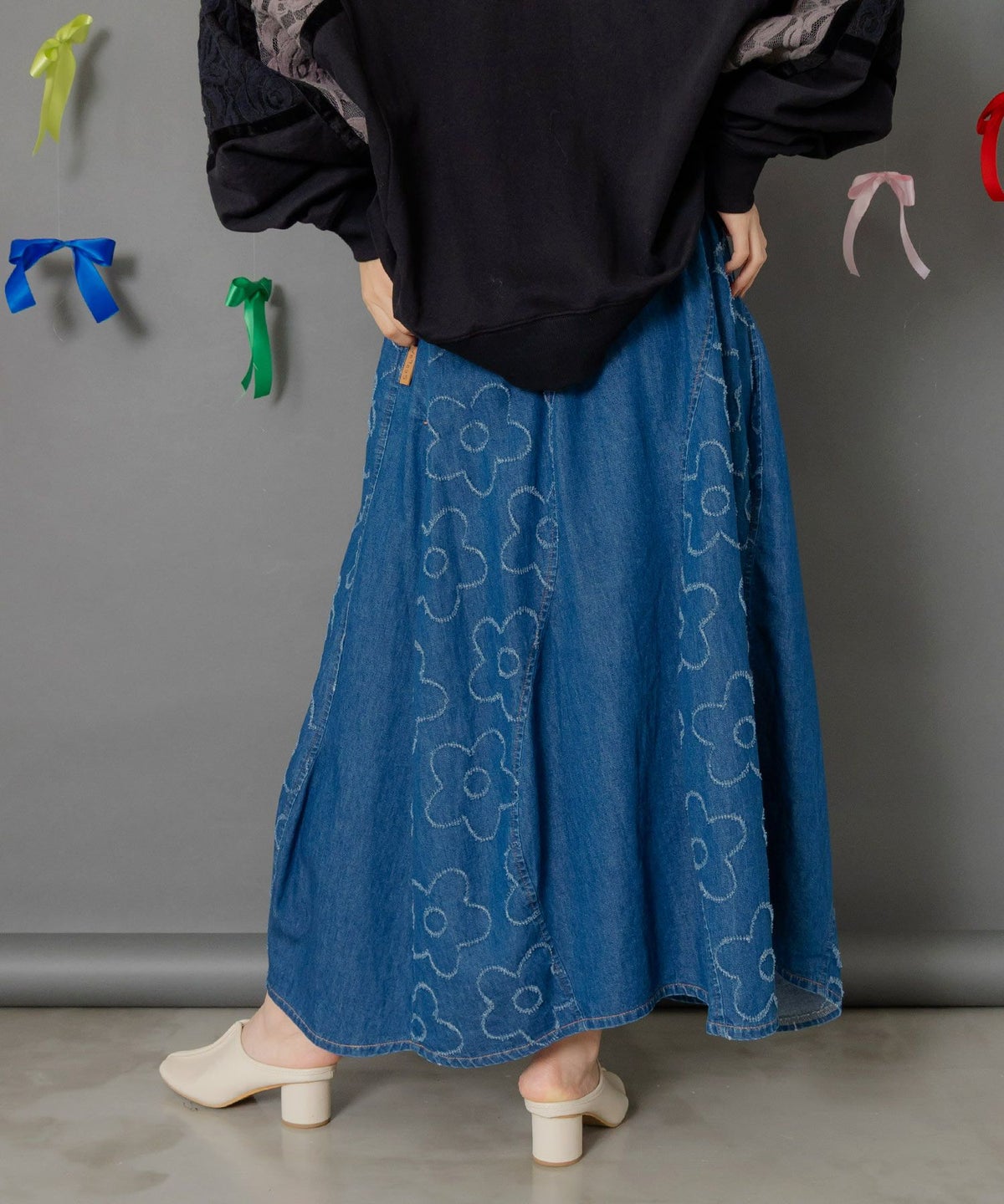 花柄ジャガードデニム×波模様デニムスカート-4