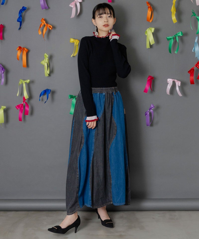 花柄ジャガードデニム×波模様デニムスカート-8