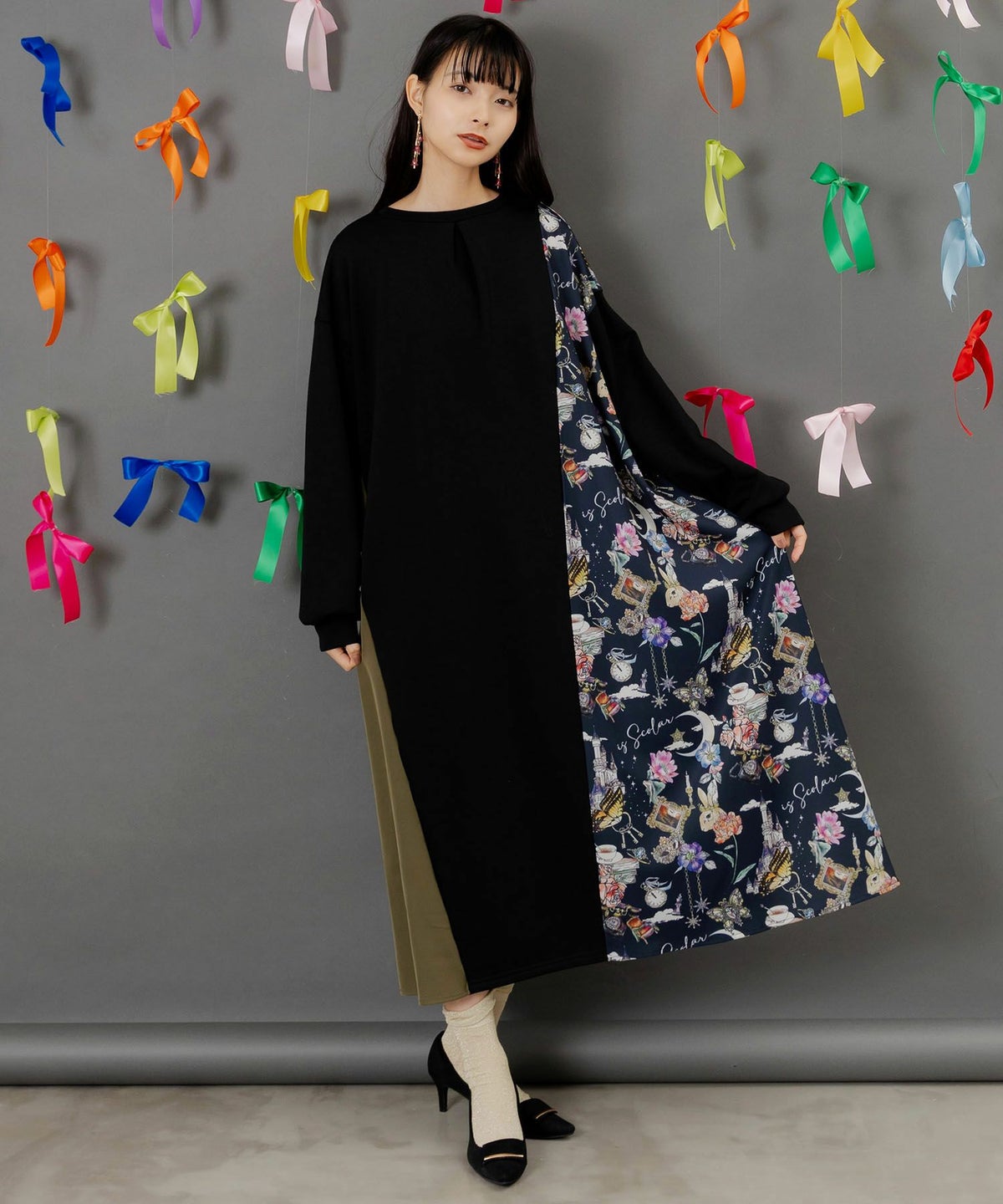 アンティーク柄 バイカラー切替ワンピース-1