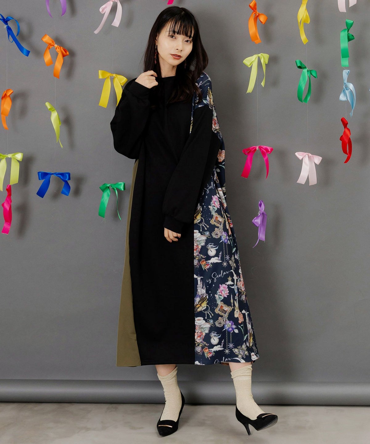 アンティーク柄 バイカラー切替ワンピース-3