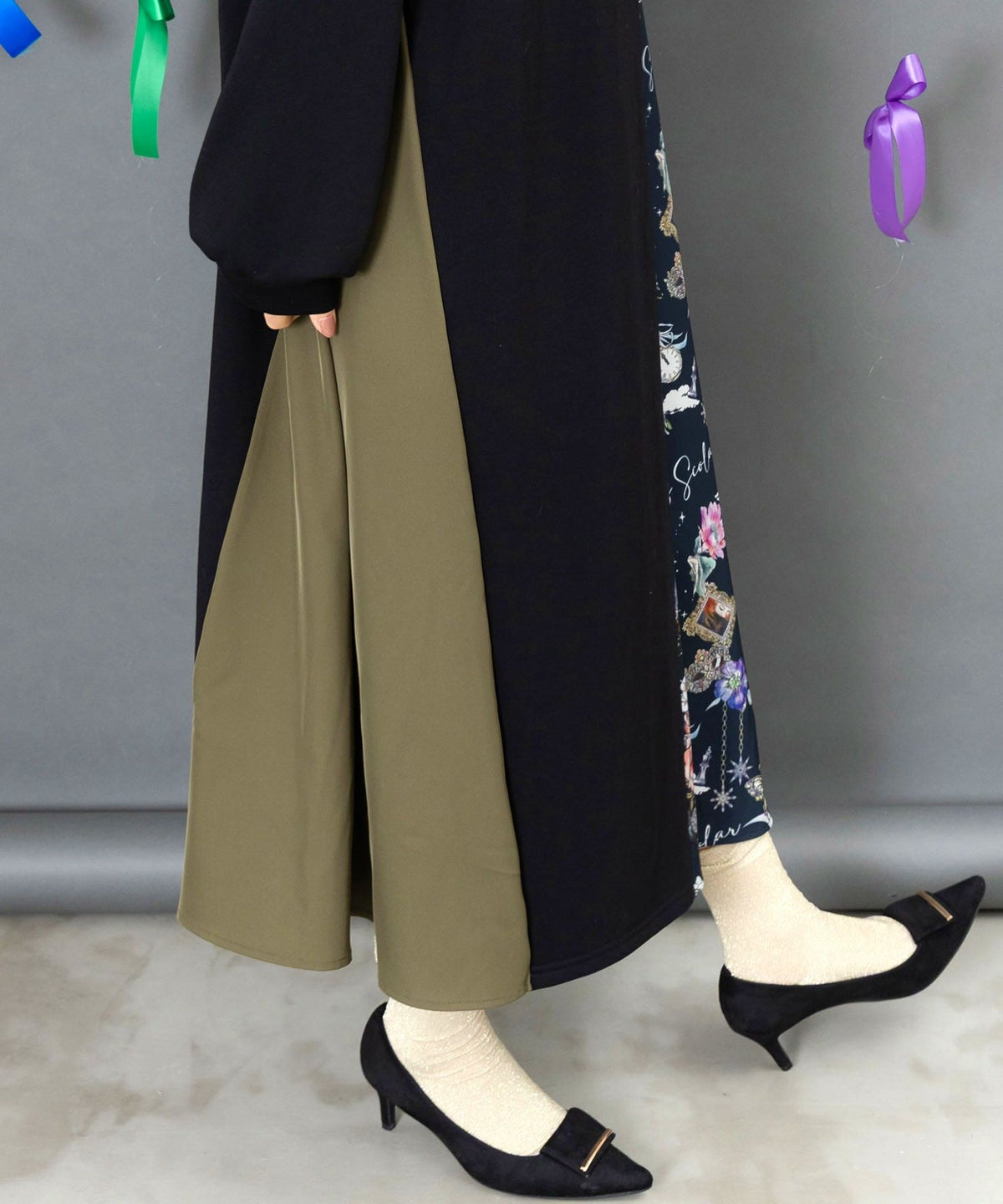 アンティーク柄 バイカラー切替ワンピース-7