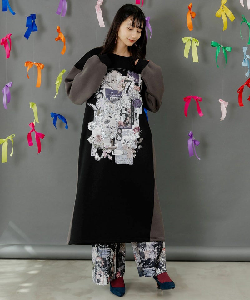 コラージュ柄裏起毛ワンピース-3