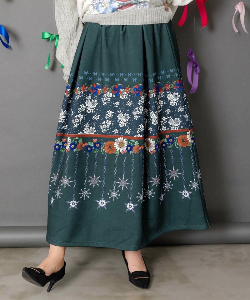 冬のオーナメント×花柄 裏起毛スカート-1