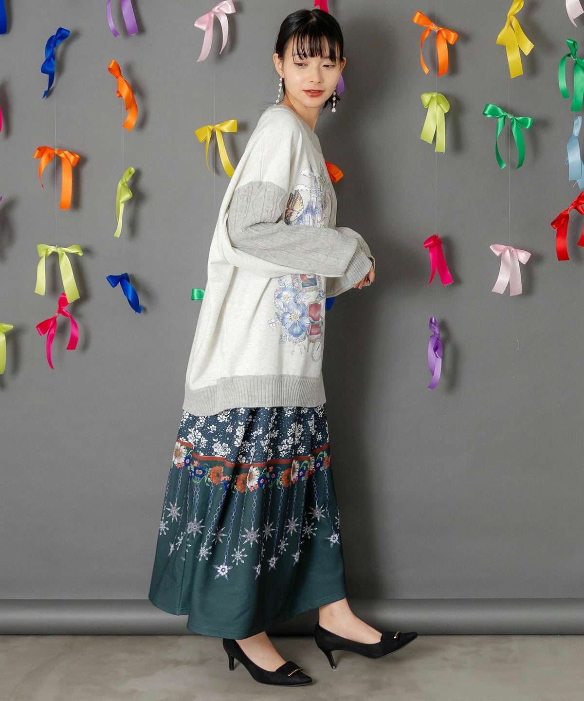 冬のオーナメント×花柄 裏起毛スカート-6