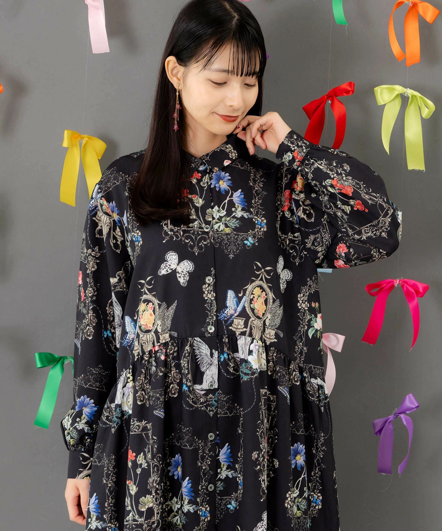 553282：ヴィンテージ風額縁柄シャツワンピースの通販-ScoLar