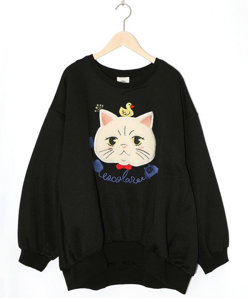 ネコのボアアップリケ×刺繍 裏起毛プルオーバー-8