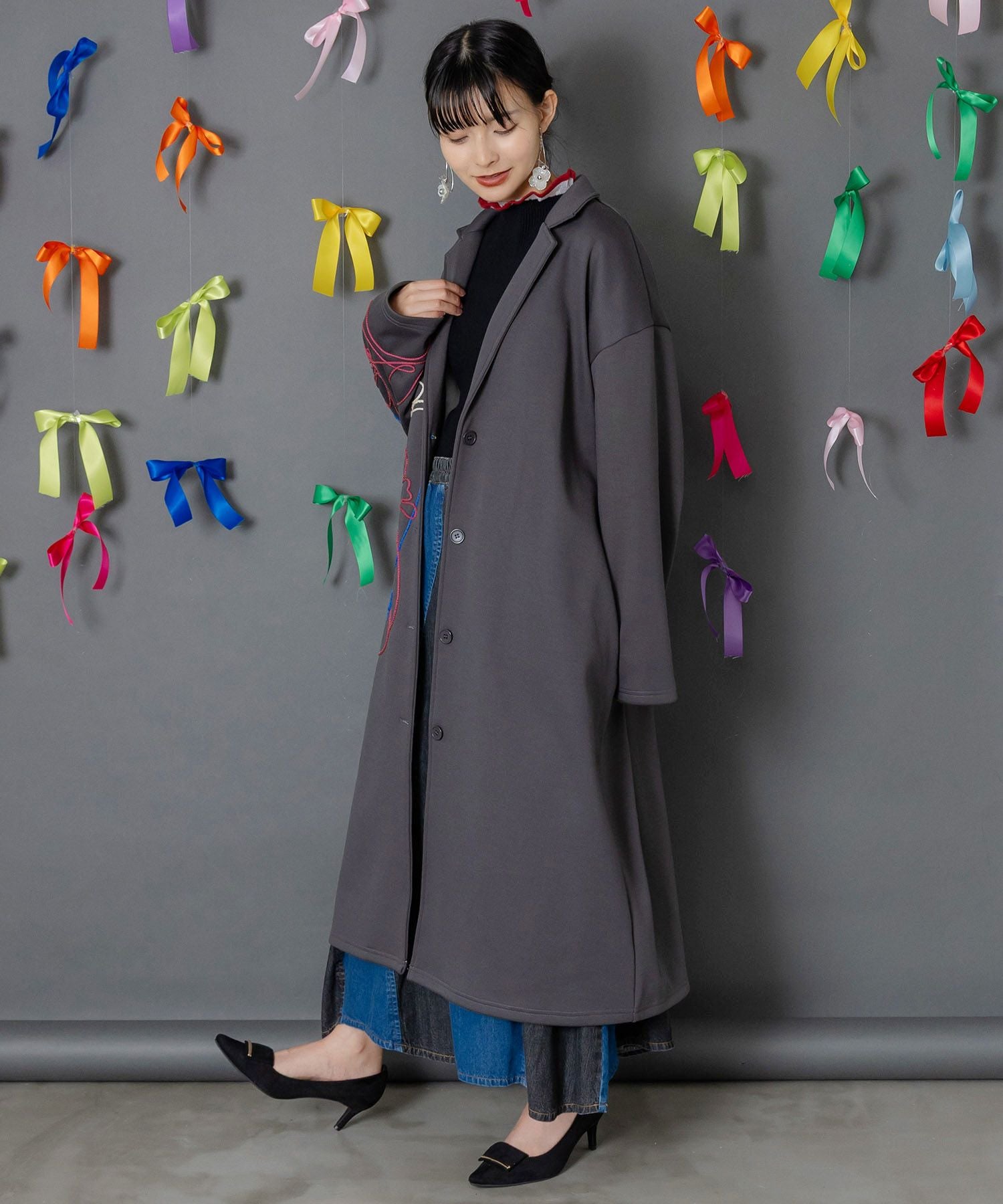 153762：サイン風コード叩き付け ツイル起毛×ボアロングコートの通販