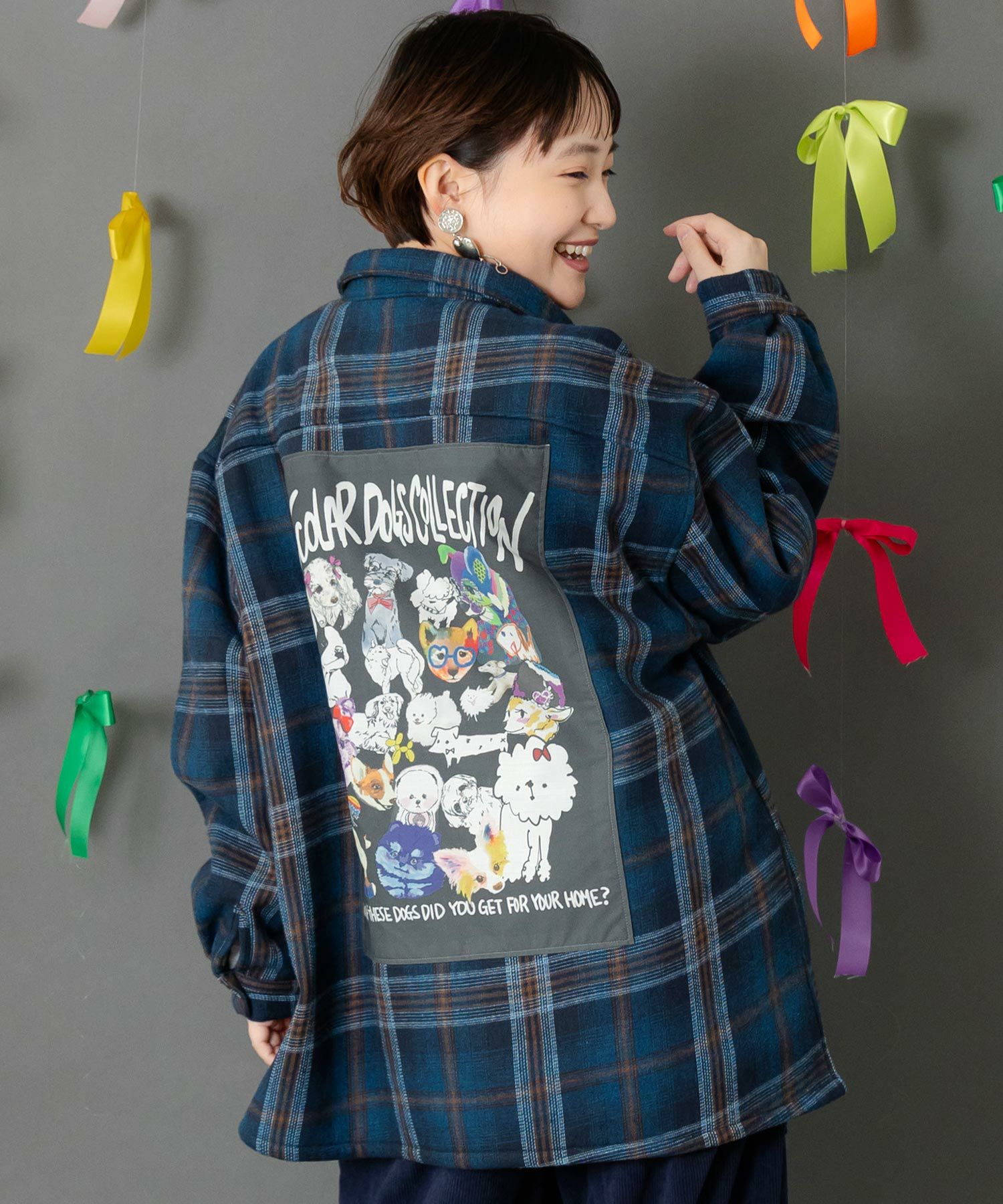 153758：わんコレ柄ネルチェック×ボアシャツアウターの通販-ScoLar