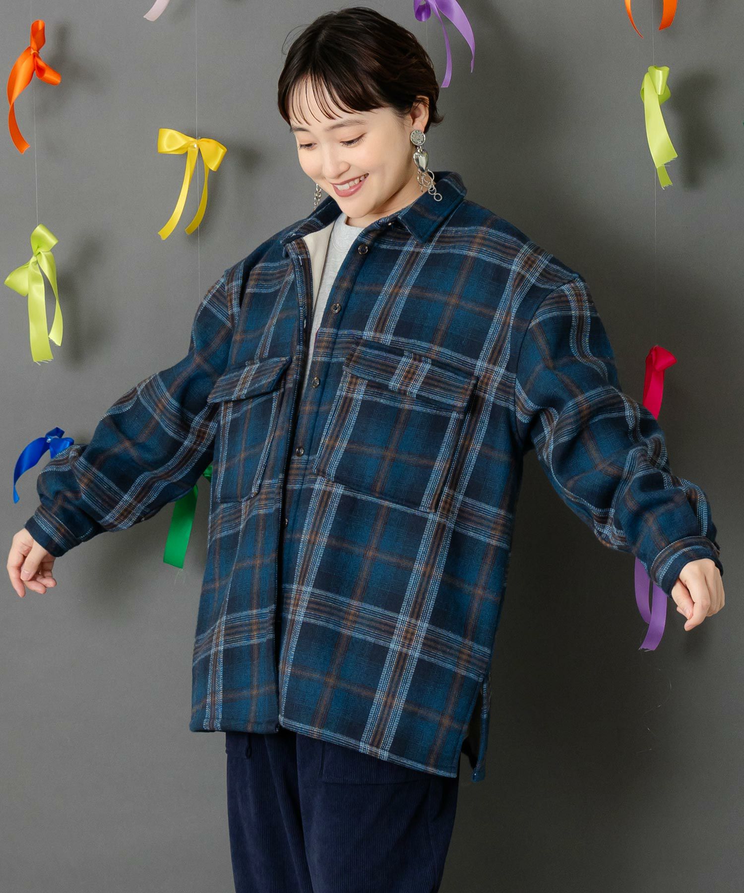 153758：わんコレ柄ネルチェック×ボアシャツアウターの通販-ScoLar