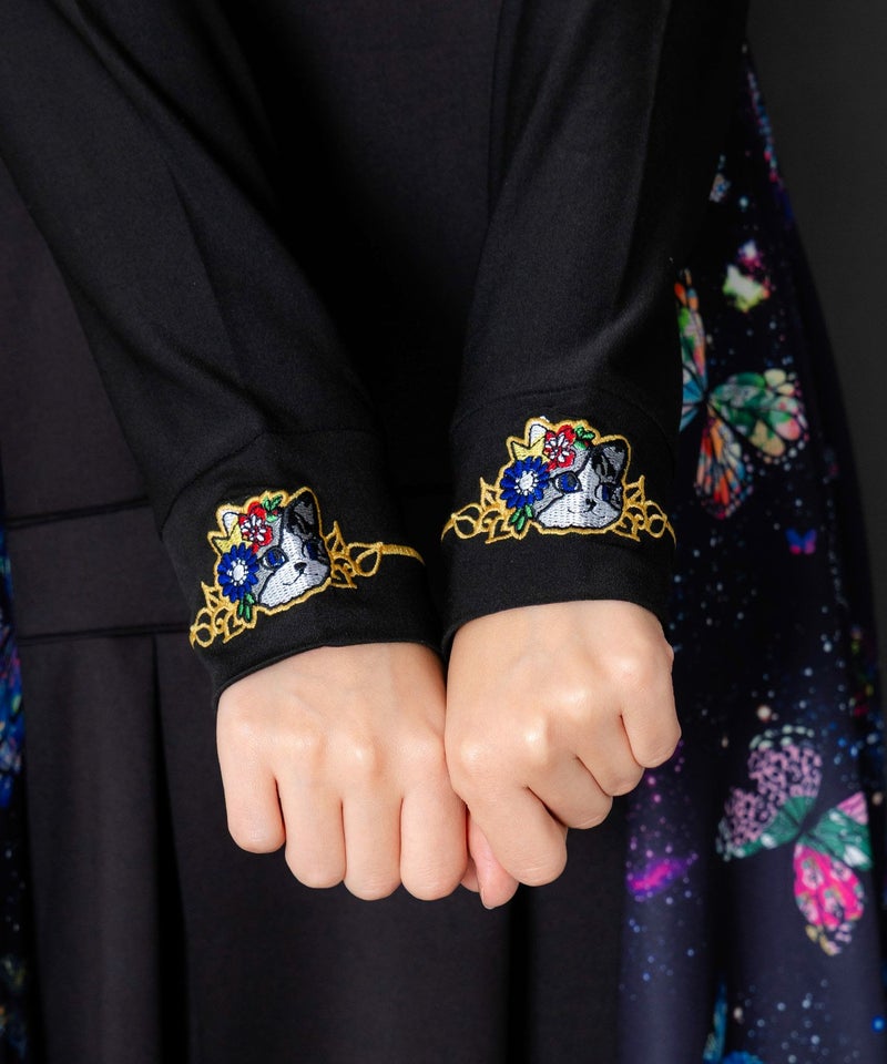 ネコ・ラビル・蝶刺繍 裏起毛スムースインナー-4