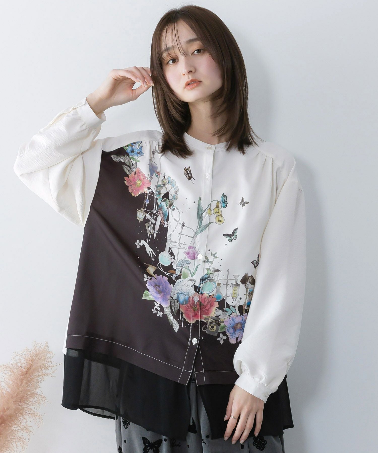 E1724*バーバリー*花柄*シフォン*シャツロングワンピース*40
