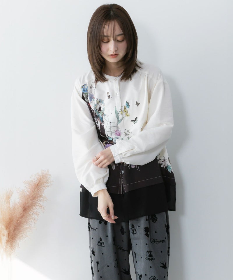 布帛ｘシフォン異素材切替バイカラー花柄シャツ-3