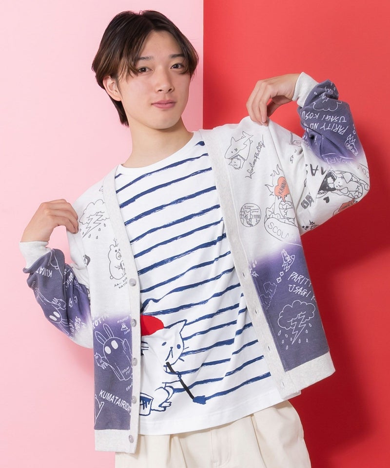 落書き柄段染め風裏毛使いカーディガン-9