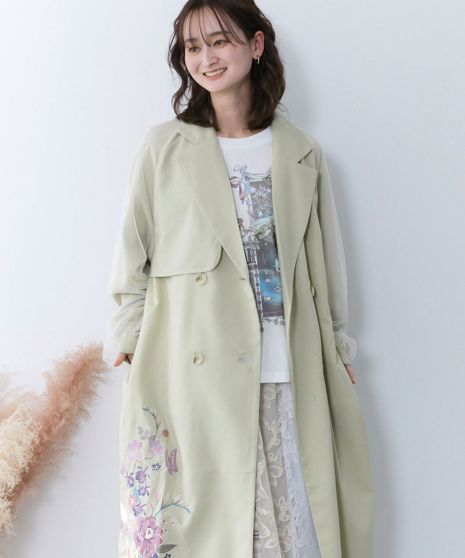 561212：チュール重ね花刺繍ロングコートの通販-ScoLar