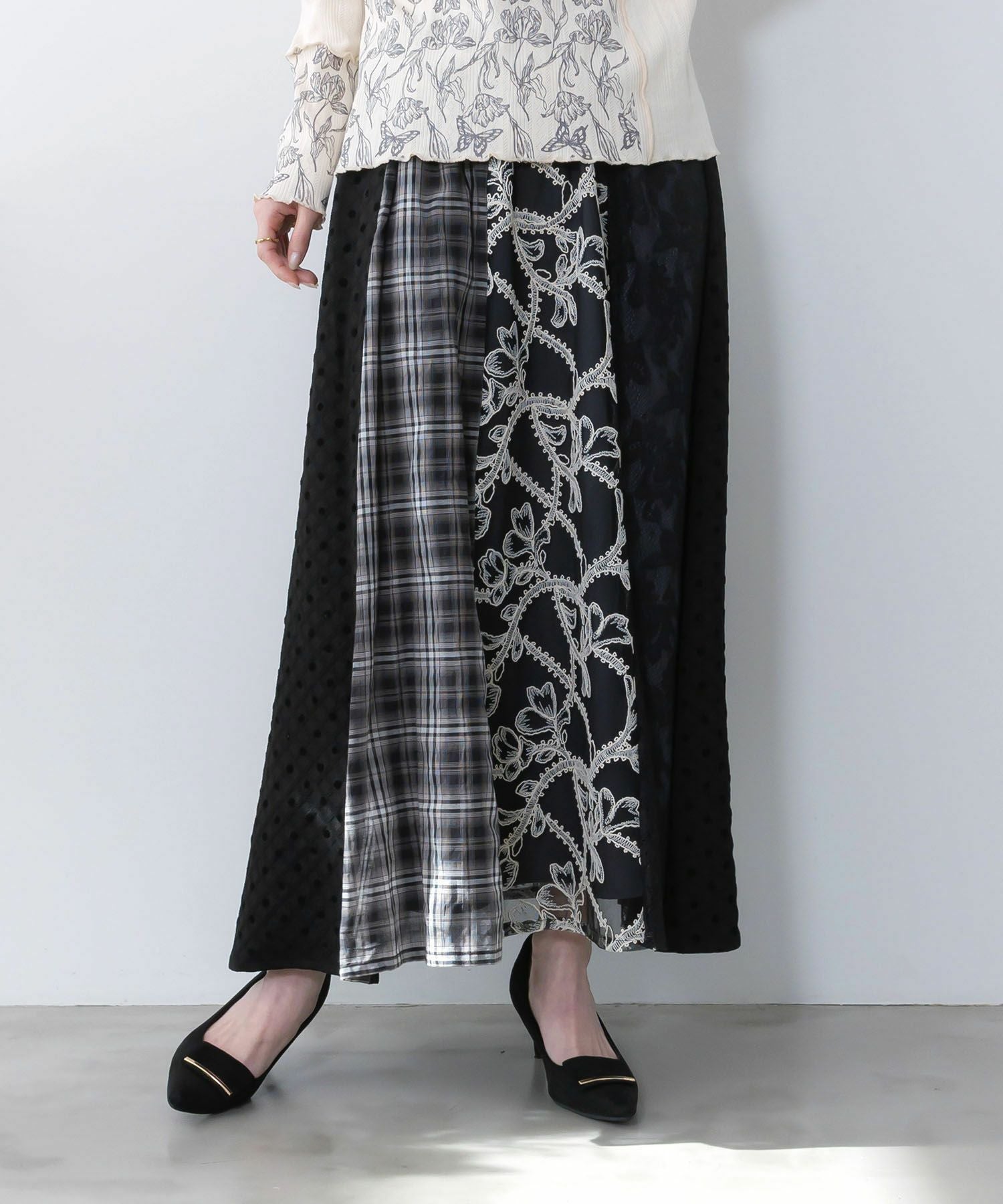 561211：ドット×チェック×チュール×レース切替スカートの通販-ScoLar