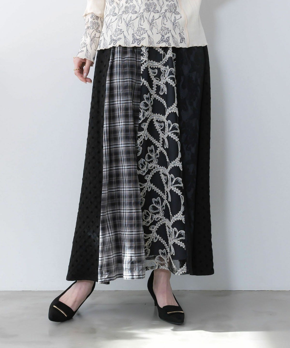 ドット×チェック×チュール×レース切替スカート-1