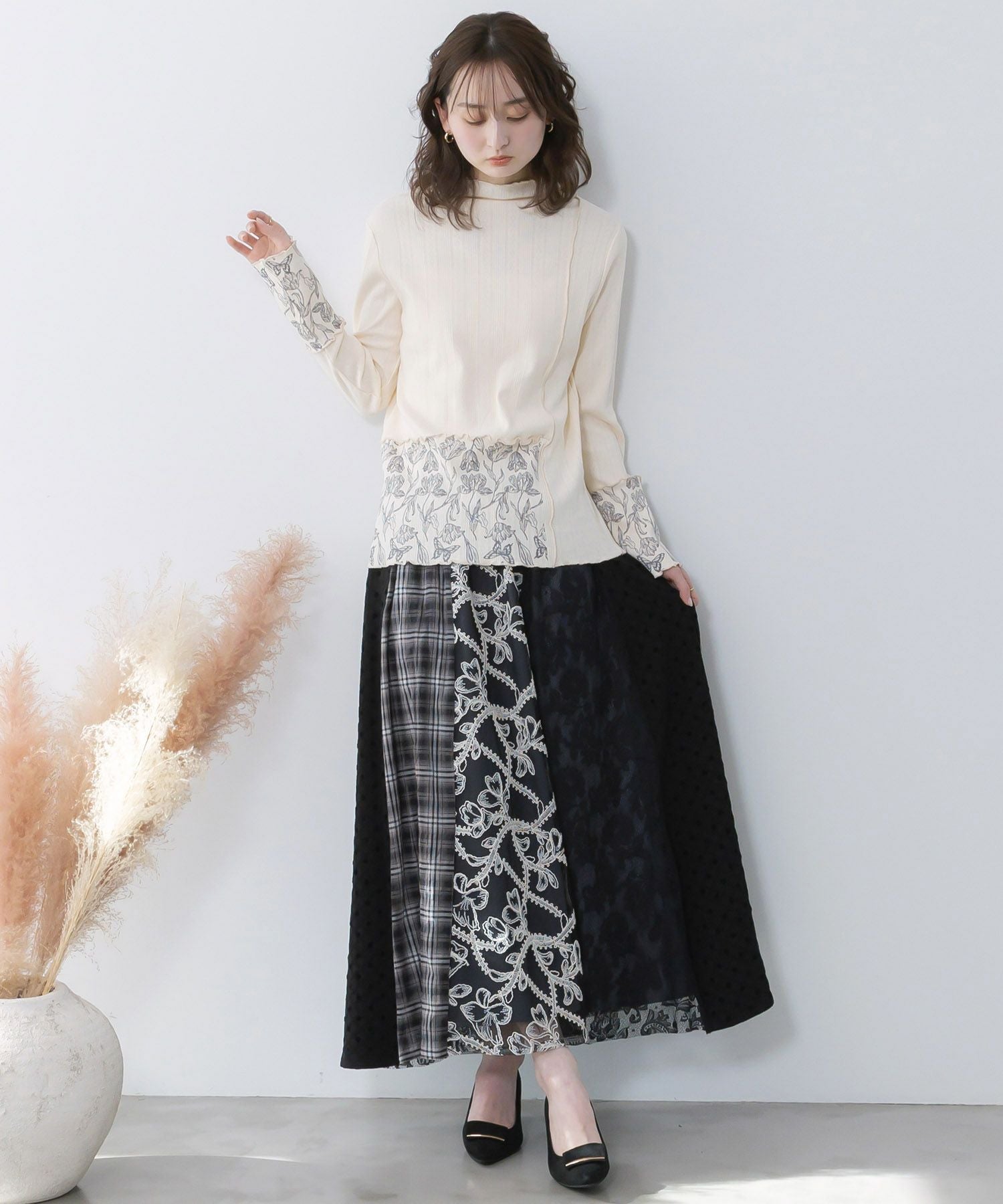 561211：ドット×チェック×チュール×レース切替スカートの通販-ScoLar