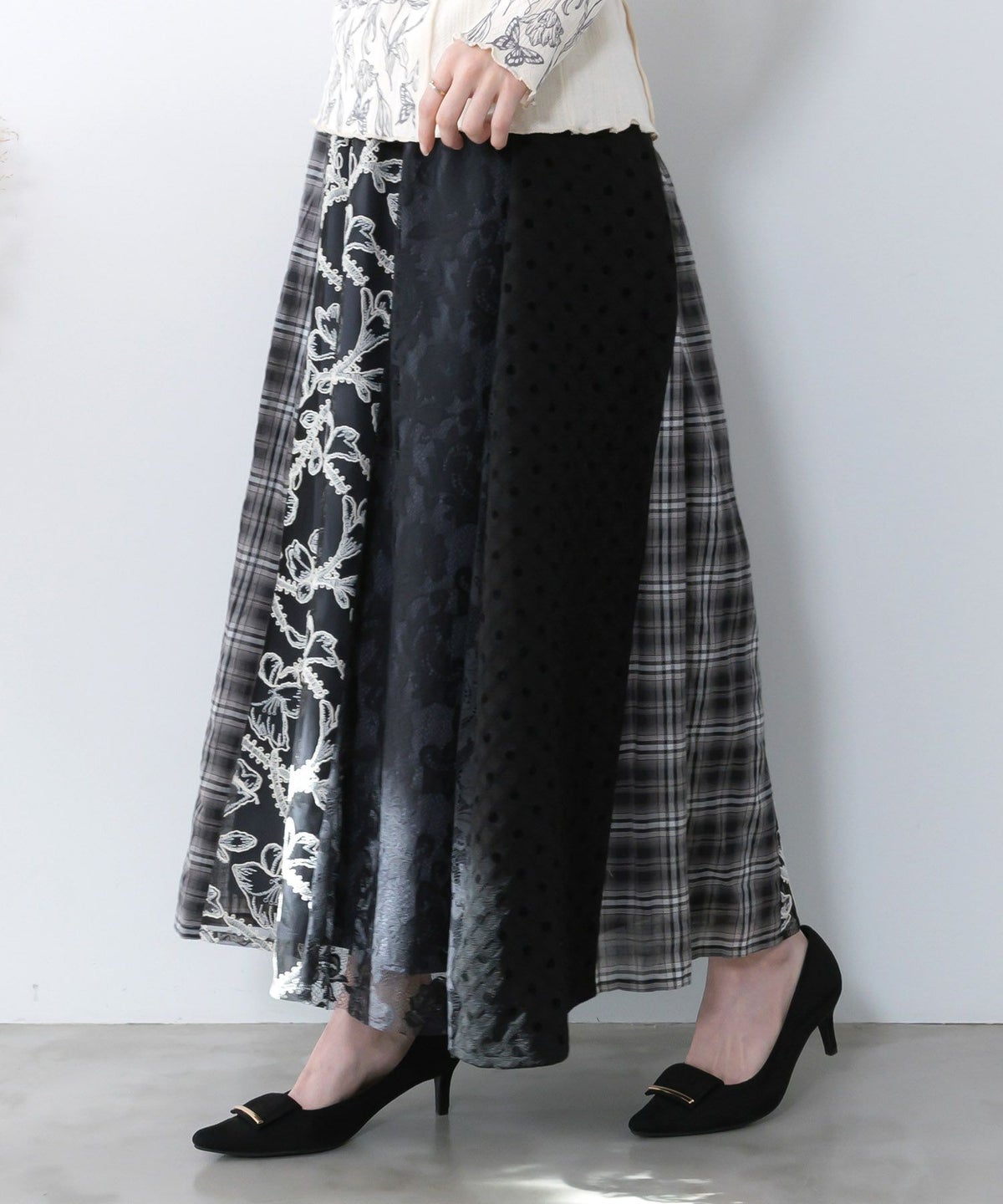 ドット×チェック×チュール×レース切替スカート-4