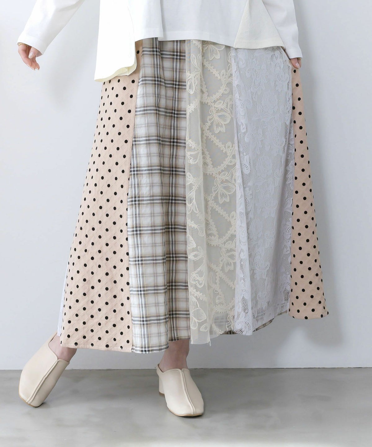 ドット×チェック×チュール×レース切替スカート-9