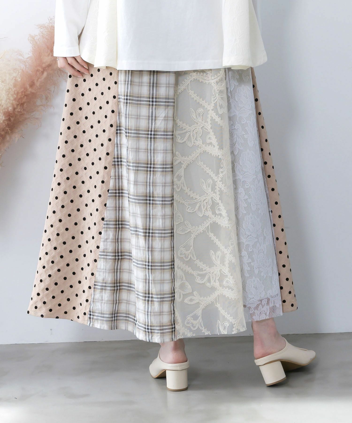 561211：ドット×チェック×チュール×レース切替スカートの通販-ScoLar