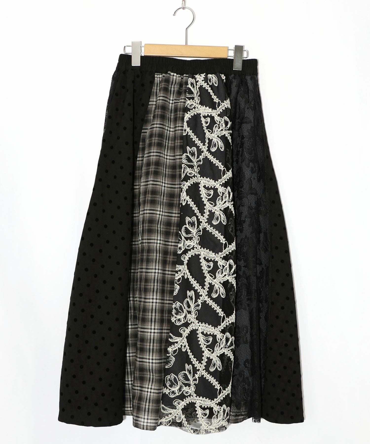 561211：ドット×チェック×チュール×レース切替スカートの通販-ScoLar