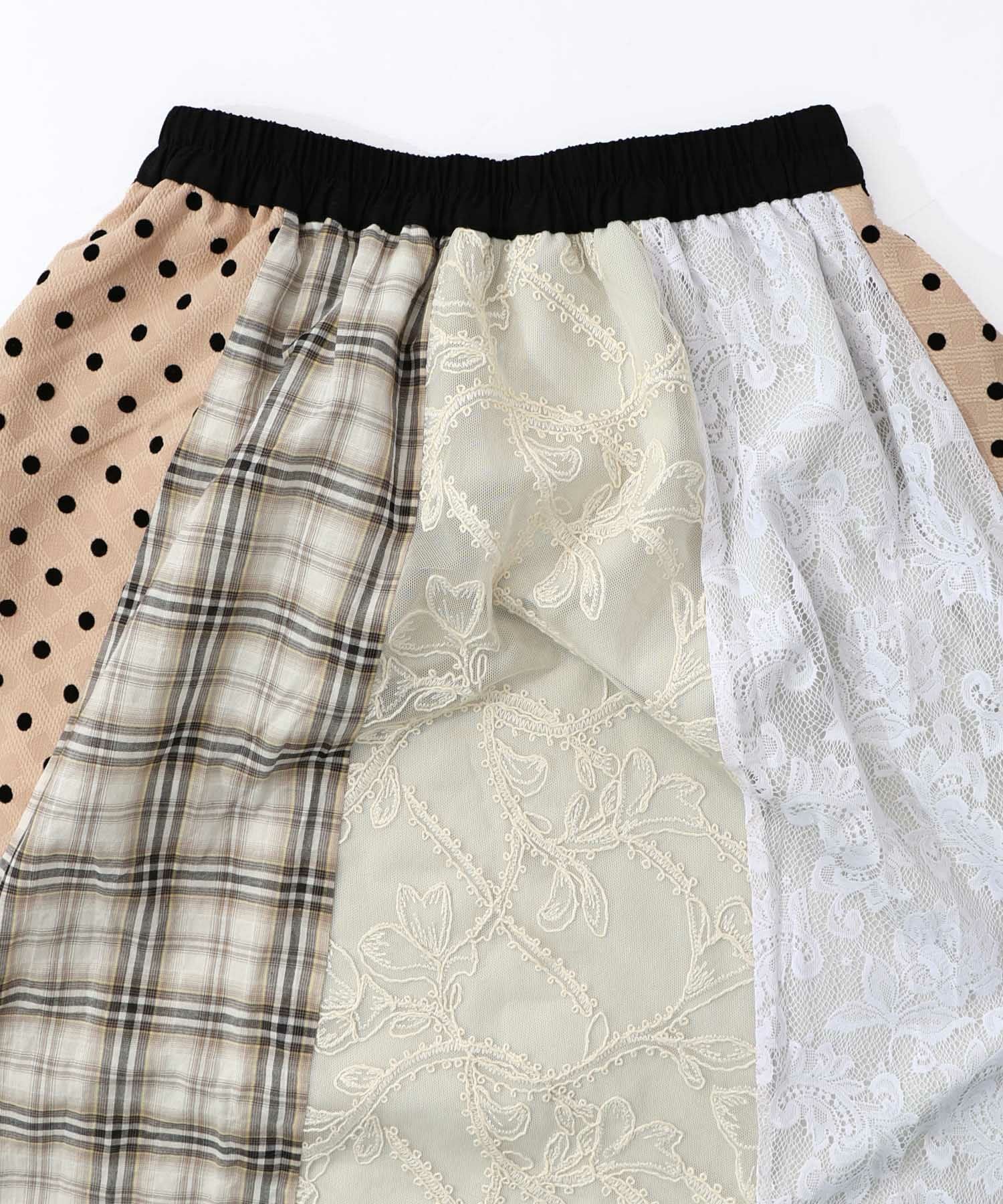 561211：ドット×チェック×チュール×レース切替スカートの通販-ScoLar