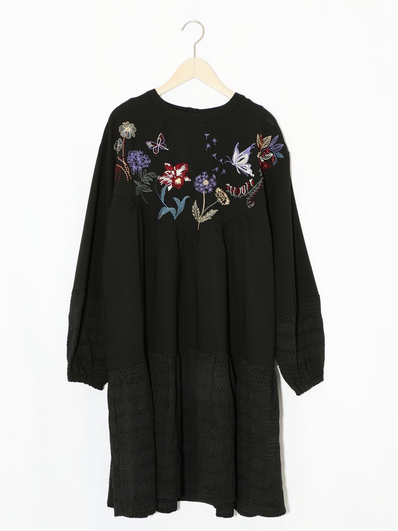 花蝶刺繍シャーリング生地ティアード風ワンピース-11