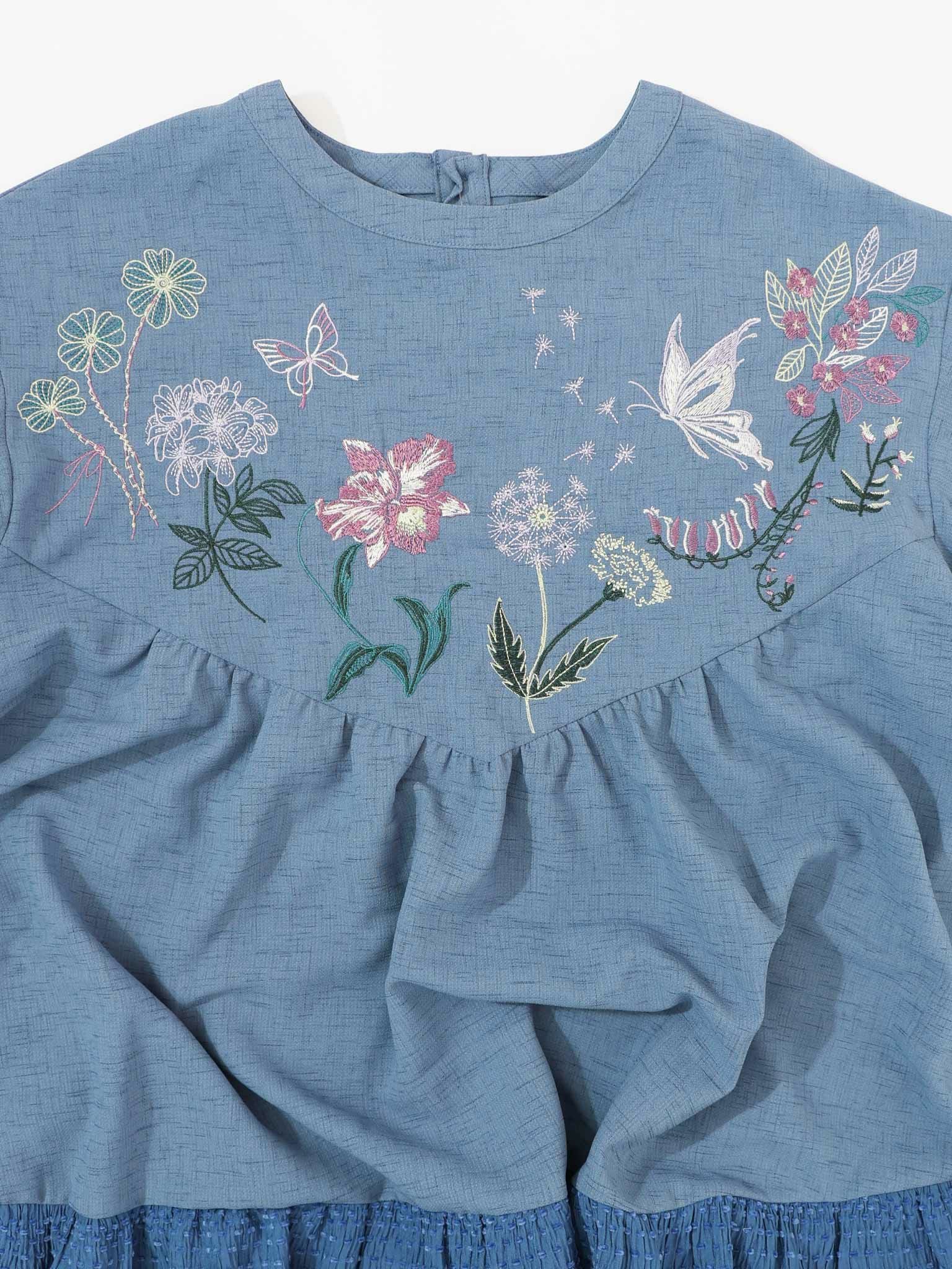 561207：花蝶刺繍シャーリング生地ティアード風ワンピースの通販-ScoLar