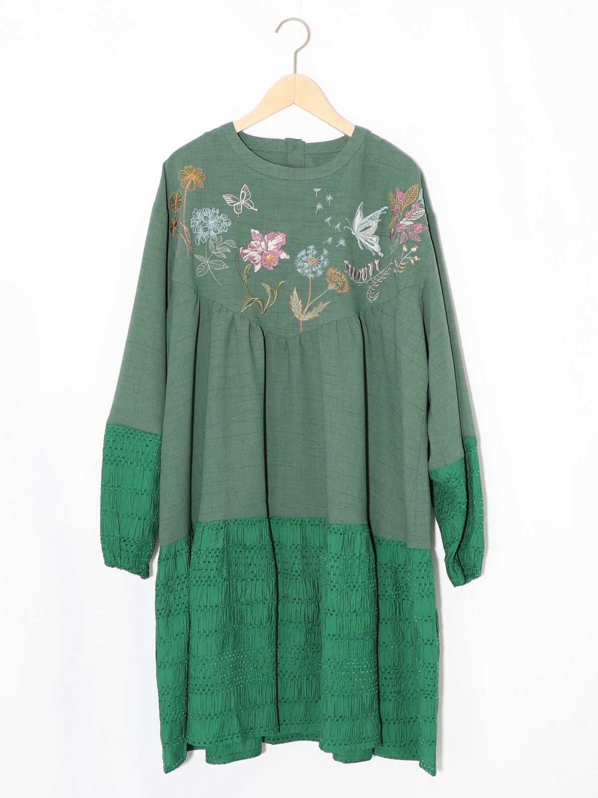 花蝶刺繍シャーリング生地ティアード風ワンピース-17