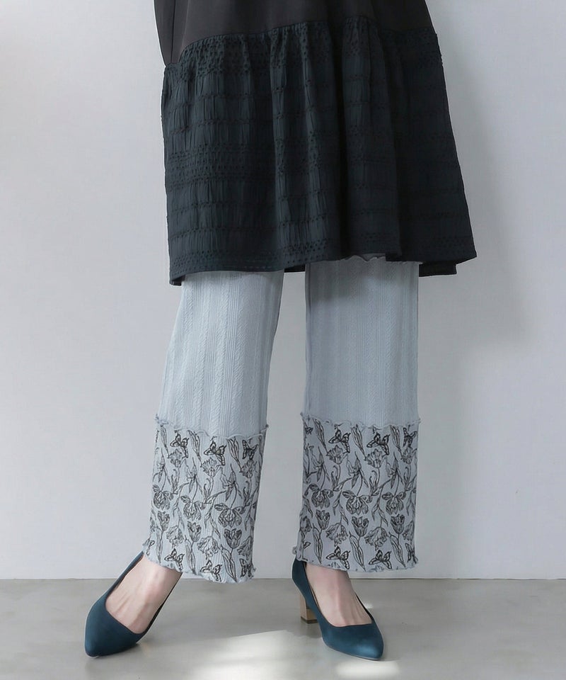 花蝶柄テレコ素材メロウ入りパンツ-1