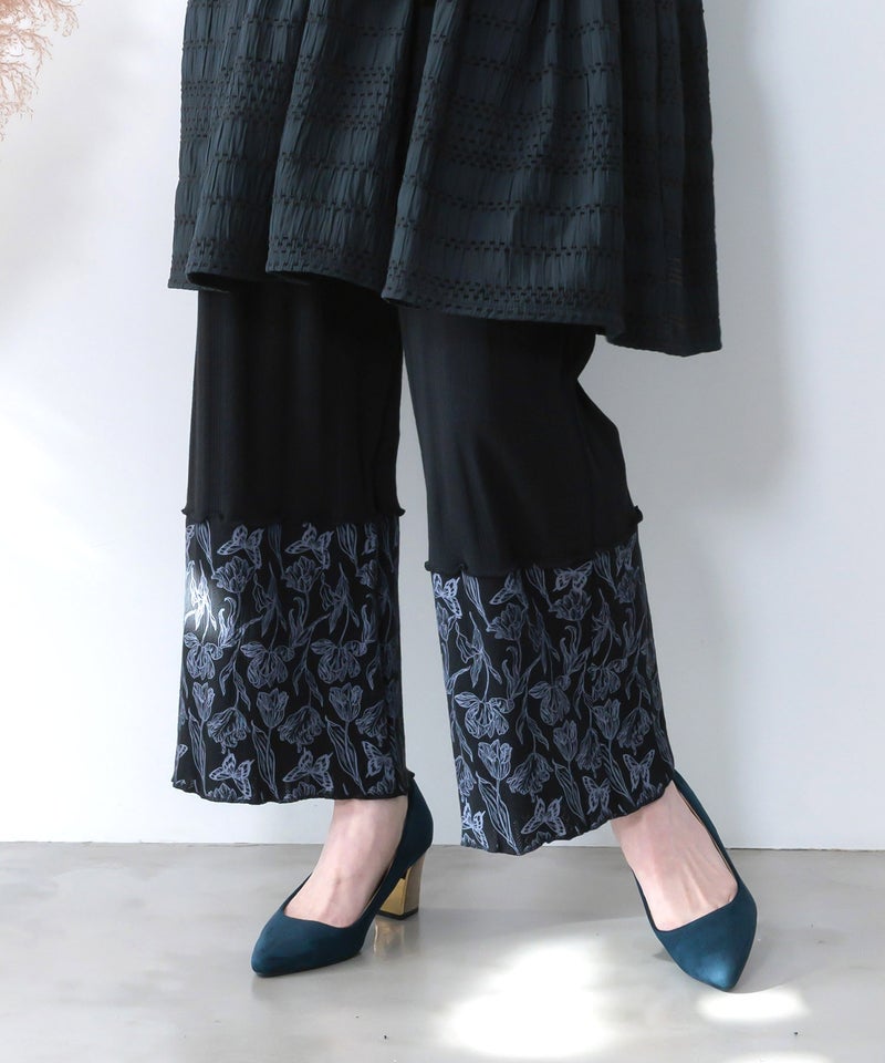 花蝶柄テレコ素材メロウ入りパンツ-3