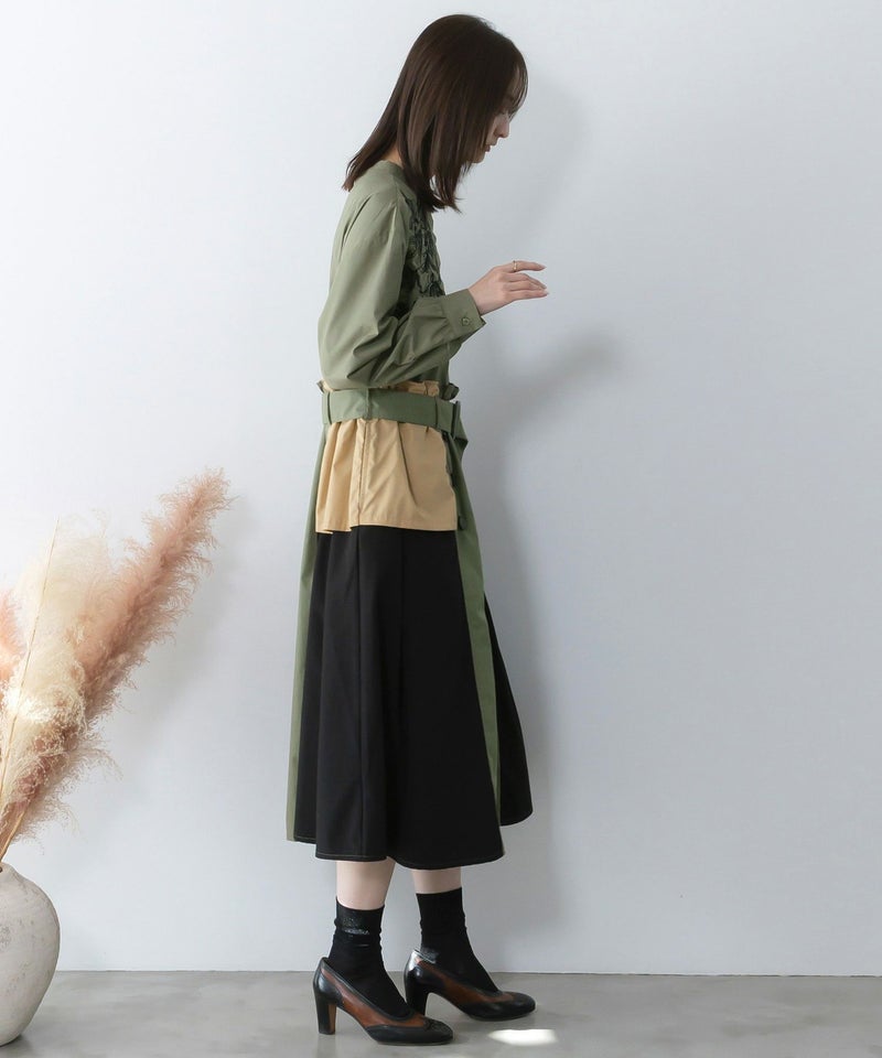 花刺繍トレンチコート風異素材切替ワンピース-6