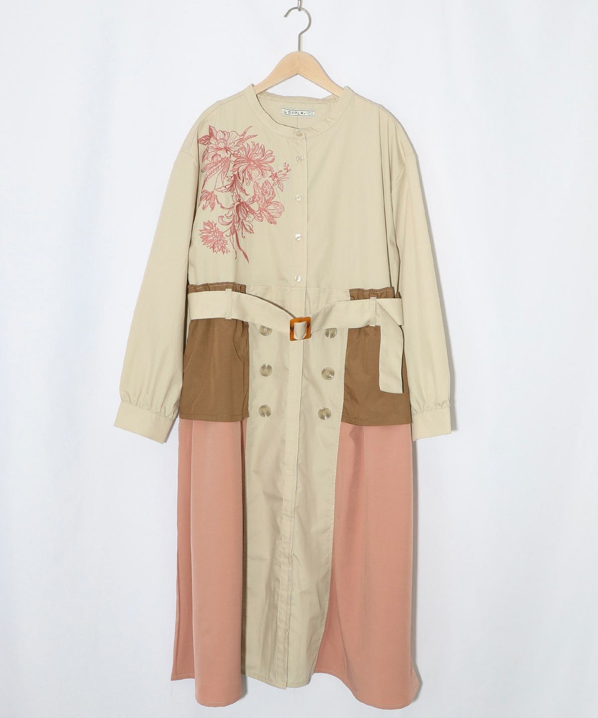 花刺繍トレンチコート風異素材切替ワンピース-11