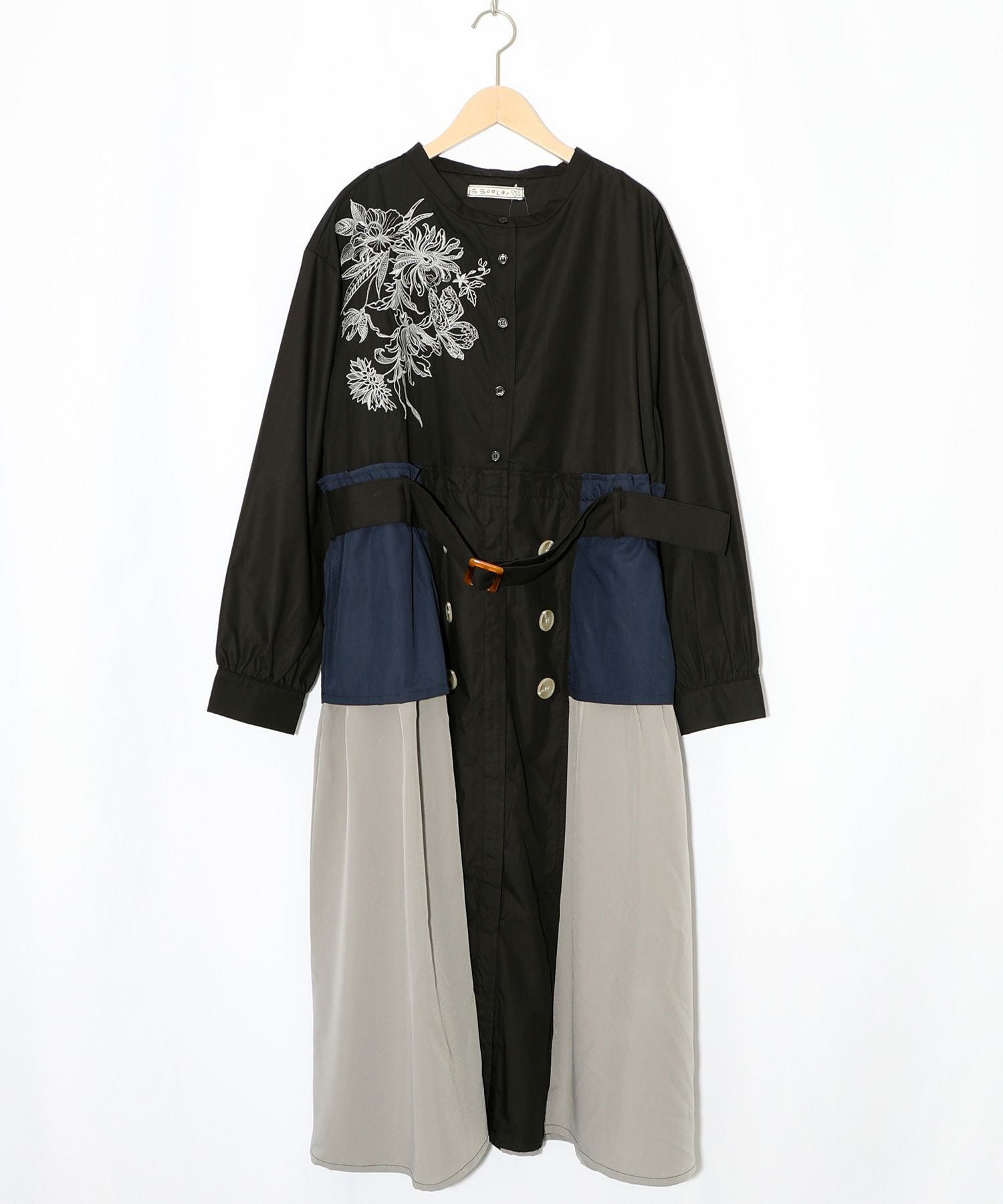561201：花刺繍トレンチコート風 異素材切替ワンピースの通販-ScoLar