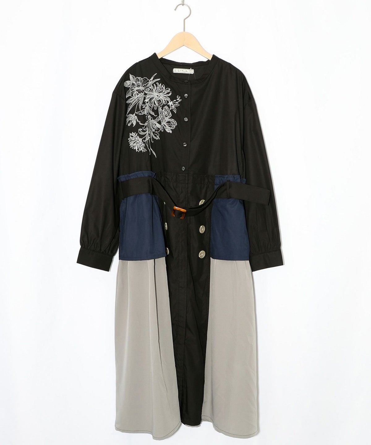 花刺繍トレンチコート風異素材切替ワンピース-14