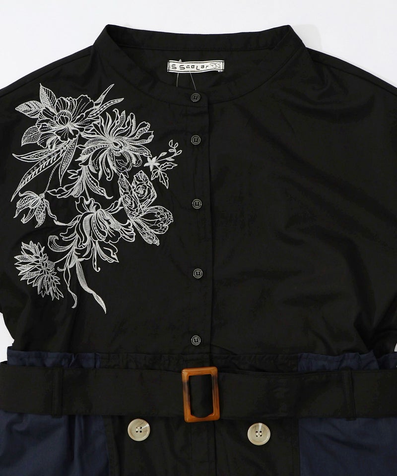 花刺繍トレンチコート風異素材切替ワンピース-20