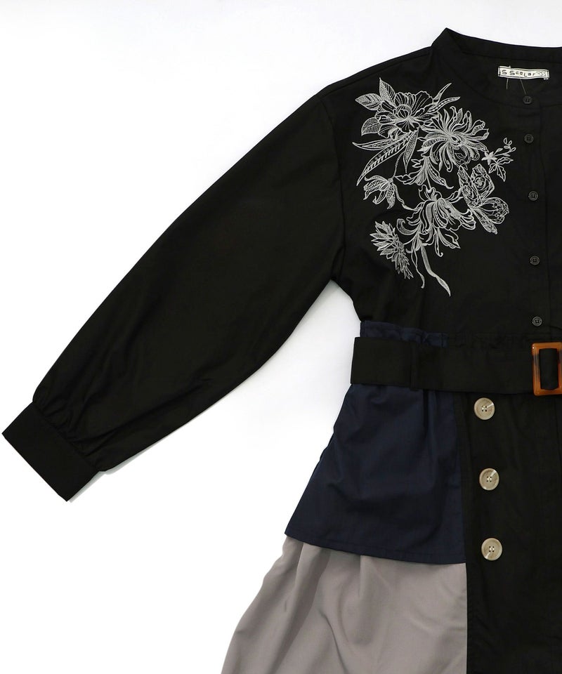 花刺繍トレンチコート風異素材切替ワンピース-22