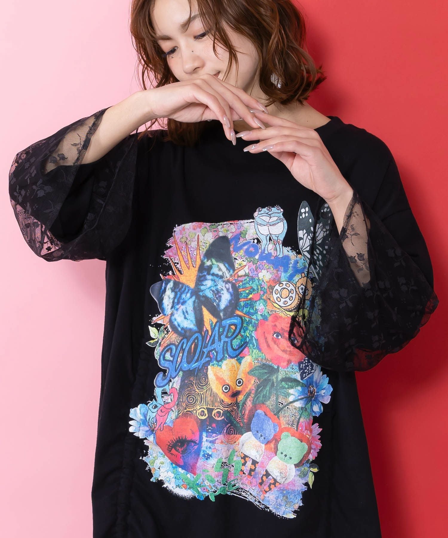 美品【シェアースピリット】スカル柄ノースリーブチュニック　レース切替　サイズ36 レース切り替えチュニックトップス レーストップス オーバーサイズ