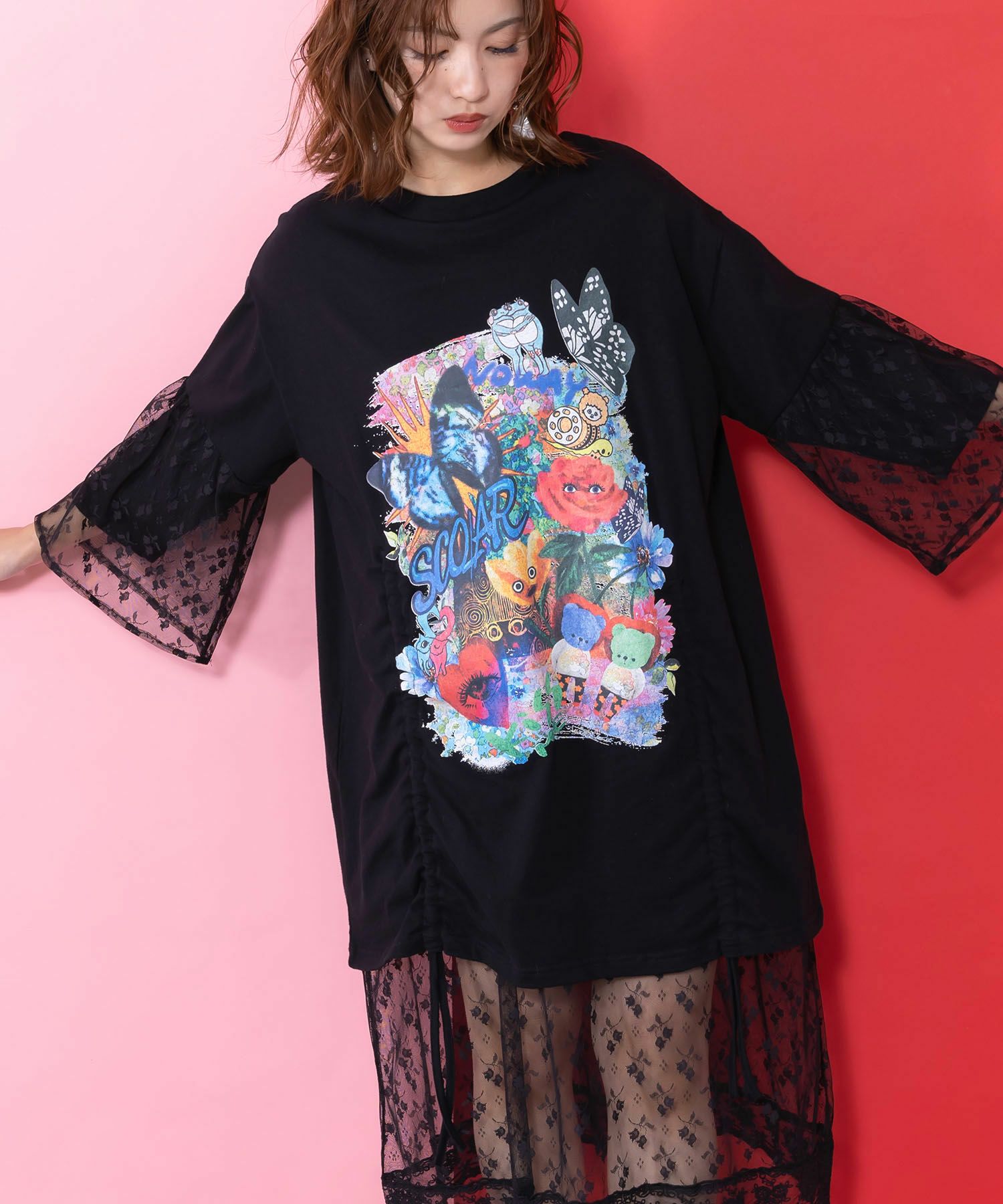 161620：アート柄レース切替チュニックの通販-ScoLar