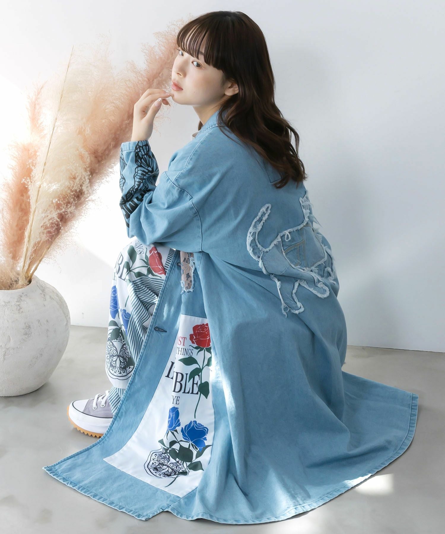 161608：アップリケ×刺繍デニムorツイルロングコートの通販-ScoLar