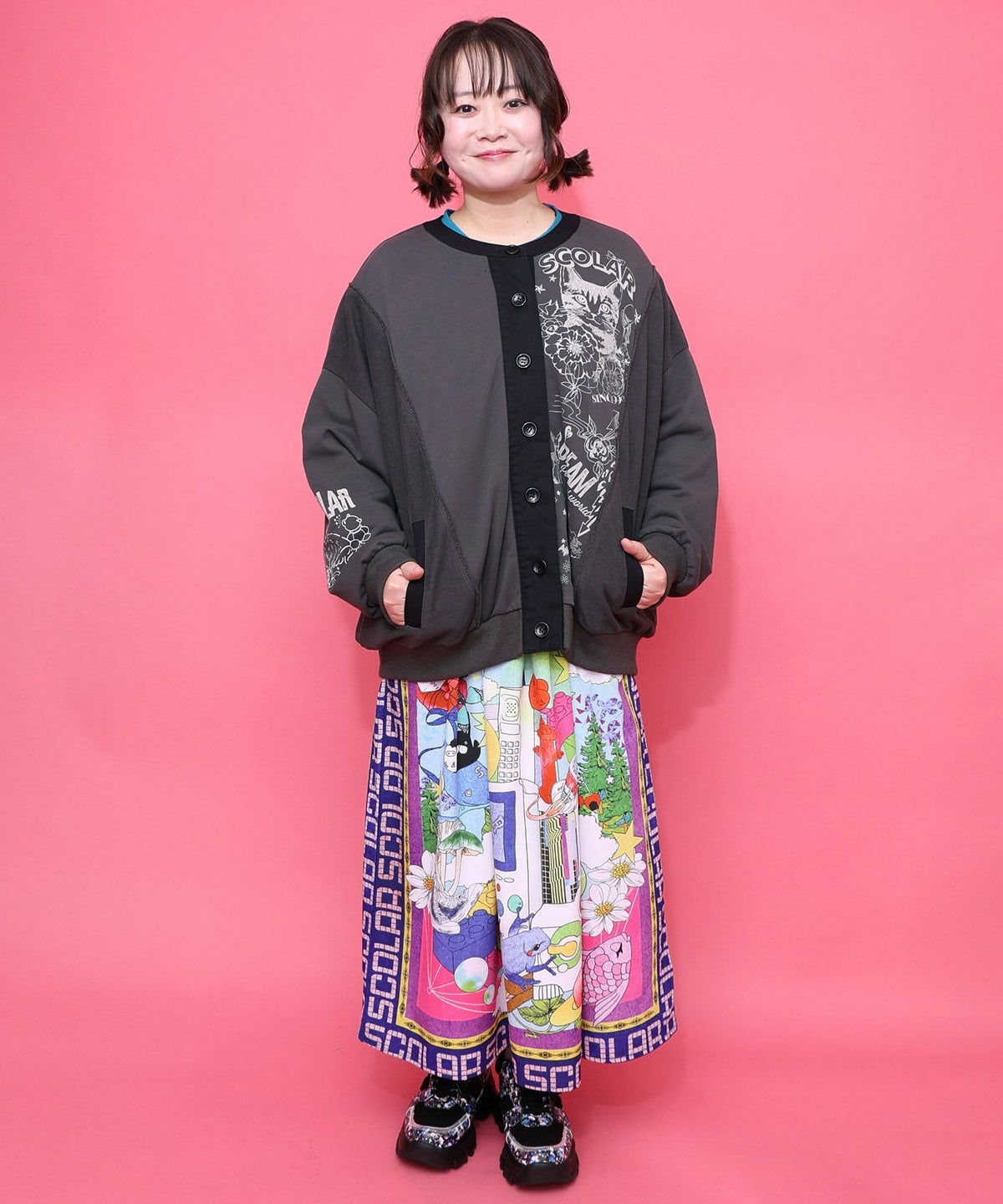 チョーク風柄裏毛×綿ツイル異素材切替カーディガン-2