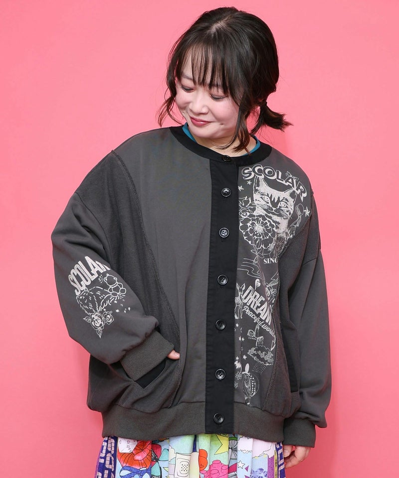 チョーク風柄裏毛×綿ツイル異素材切替カーディガン-3