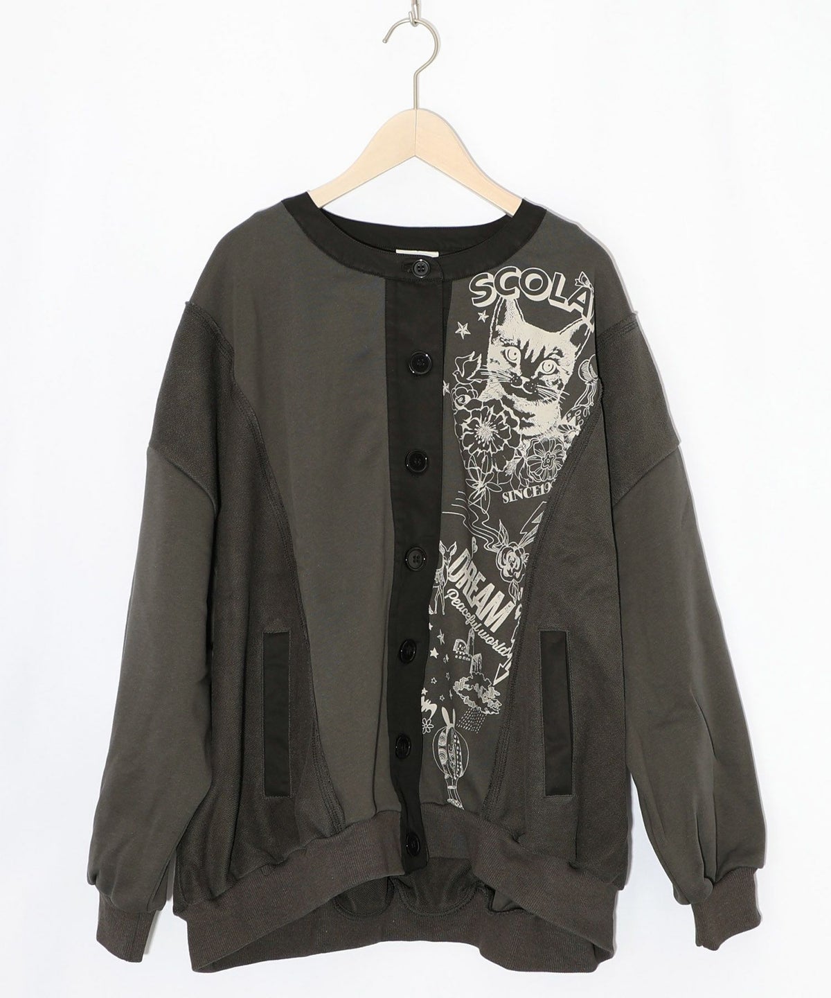 チョーク風柄裏毛×綿ツイル異素材切替カーディガン-10